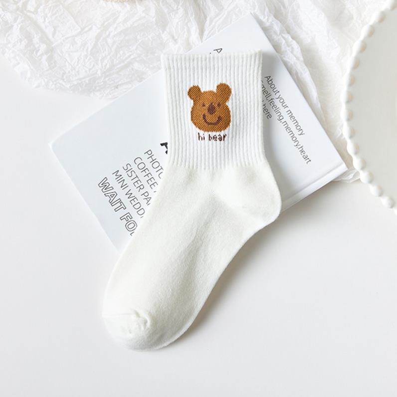 Tất Nữ Trắng Cổ Cao In Hình Gấu Teddy Xinh Xắn Vải Cotton Co Giãn Hàn Quốc