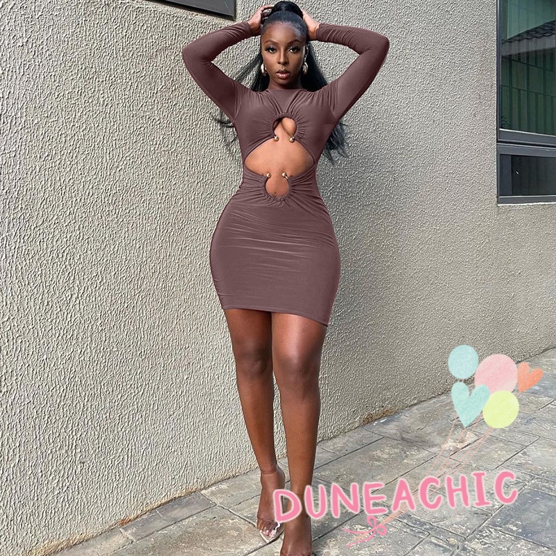 DUNEA Đầm tay dài ôm dáng màu trơn thời trang quyến rũ dành cho nữ