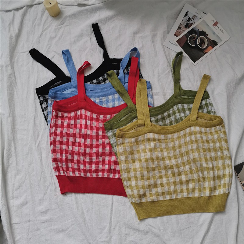 Áo Croptop sát nách họa tiết caro phong cách Hàn Quốc | BigBuy360 - bigbuy360.vn