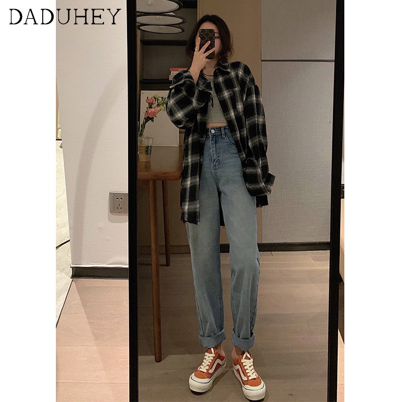 Daduhey Quần jean nữ ống rộng cạp cao cá tính thời trang mùa thu