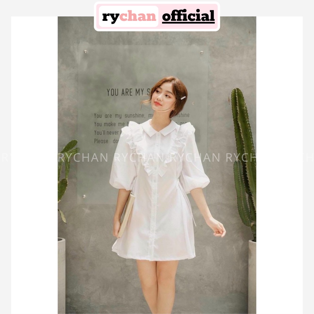 Đầm Sơ Mi Babydoll Trắng Cổ Viền Bèo Dây Cột Chiết Eo 2 Bên [Ảnh Thật Cuối] - DX751