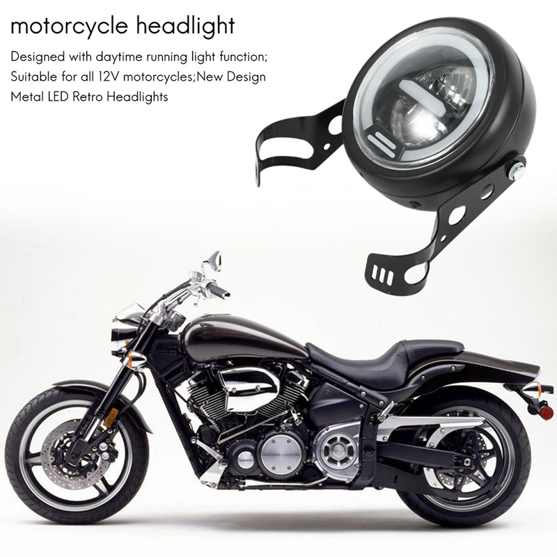 12V 6.8inch Cafe Racer Vintage Motorcycle LED lamp Distance Light Motorcycle Headlight White DRL Halo Ring+Bracket