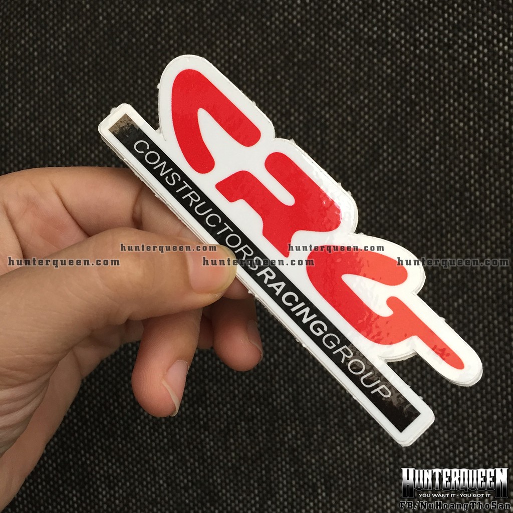 Logo CRG[10.7x3.3cm] nền trắng chữ đỏ. Hình dán decal siêu dính, chống nước, tem đua trang trí