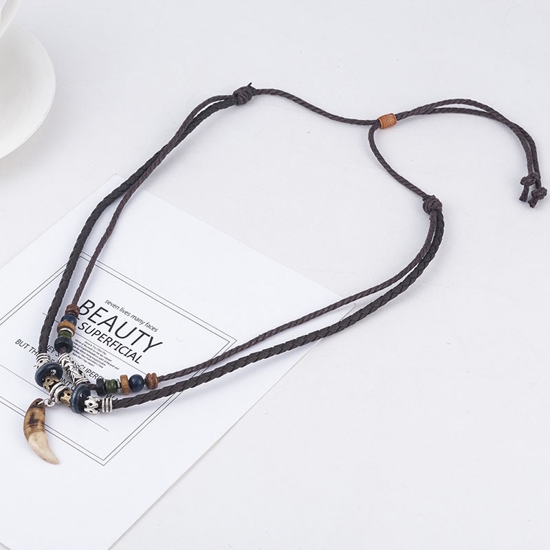 Vòng cổ dây da nhiều lớp phối mặt hình răng sói phong cách bohemian cổ điển thời trang nam