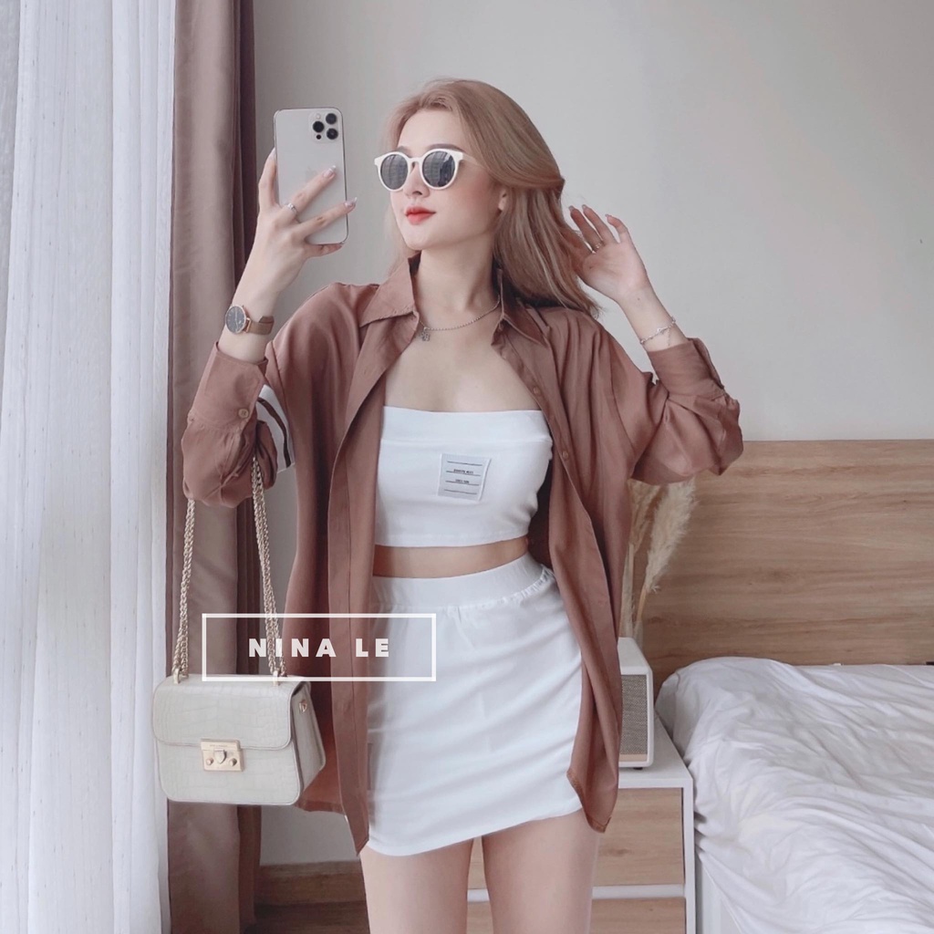 Sét bộ nữ 3 món áo sơ quốc dân phối croptop borip xinh xắn, trẻ trung đi chơi, đi biển