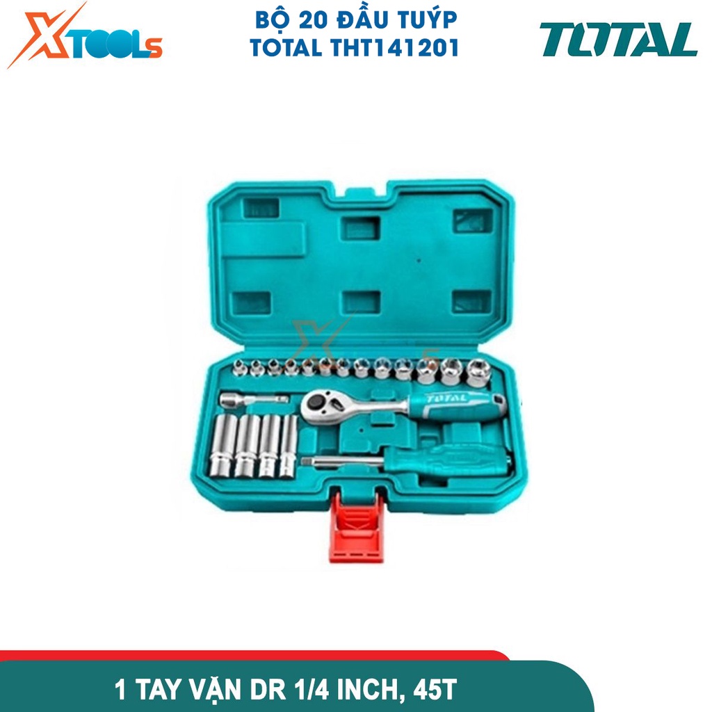 Bộ đầu tuýp 20 chi tiết TOTAL THT141201, bộ tuýp 1/4'' dùng để mở bu long đai ốc trong việc tháo lắp- CHÍNH HÃNG- XTOOLS