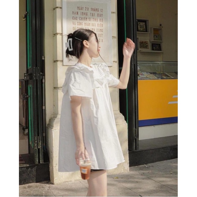 Áo babydoll trắng ngắn tay dáng giấu quần cổ bèo vuông Ulzzang