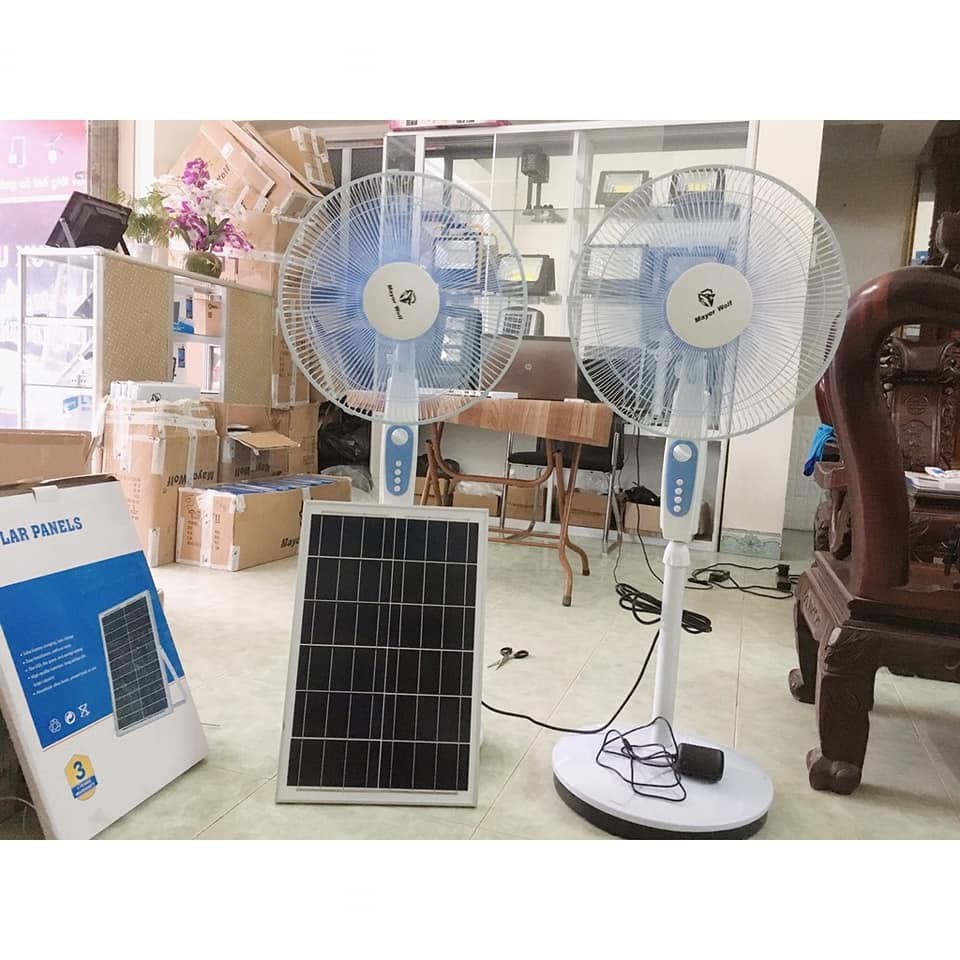 Quạt năng lượng mặt trời MAYOR WOLF chính hãng, có bộ sạc bằng điện 220v giá rẻ