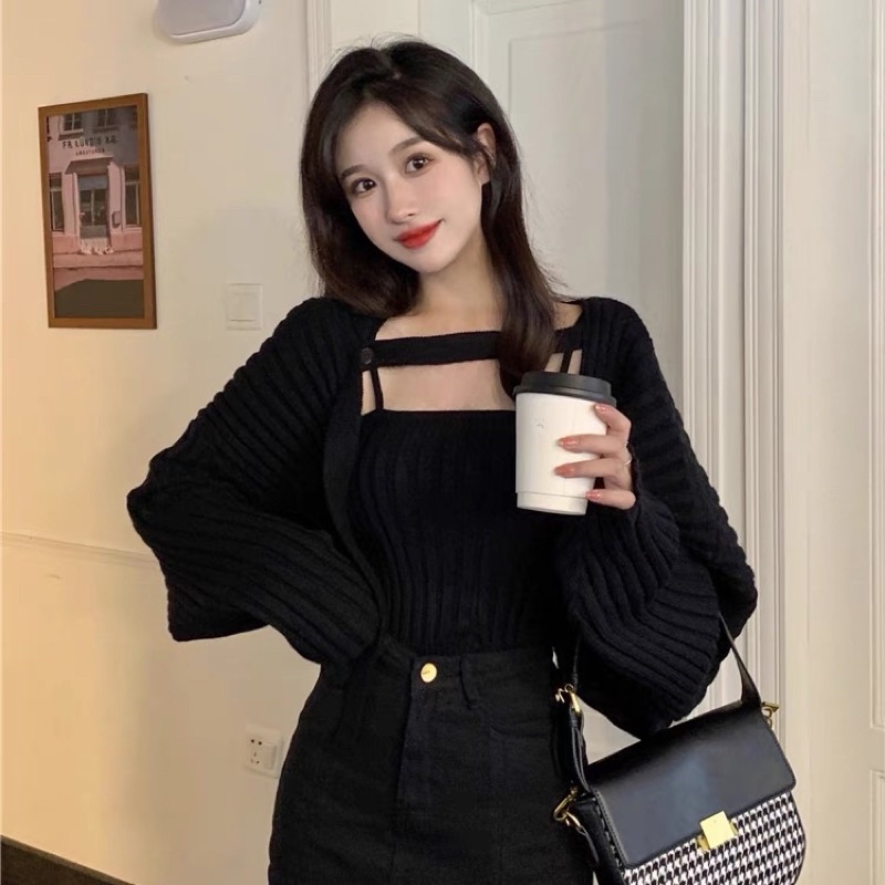 Áo Khoác Gân Tay Phồng Dây Cài Chéo