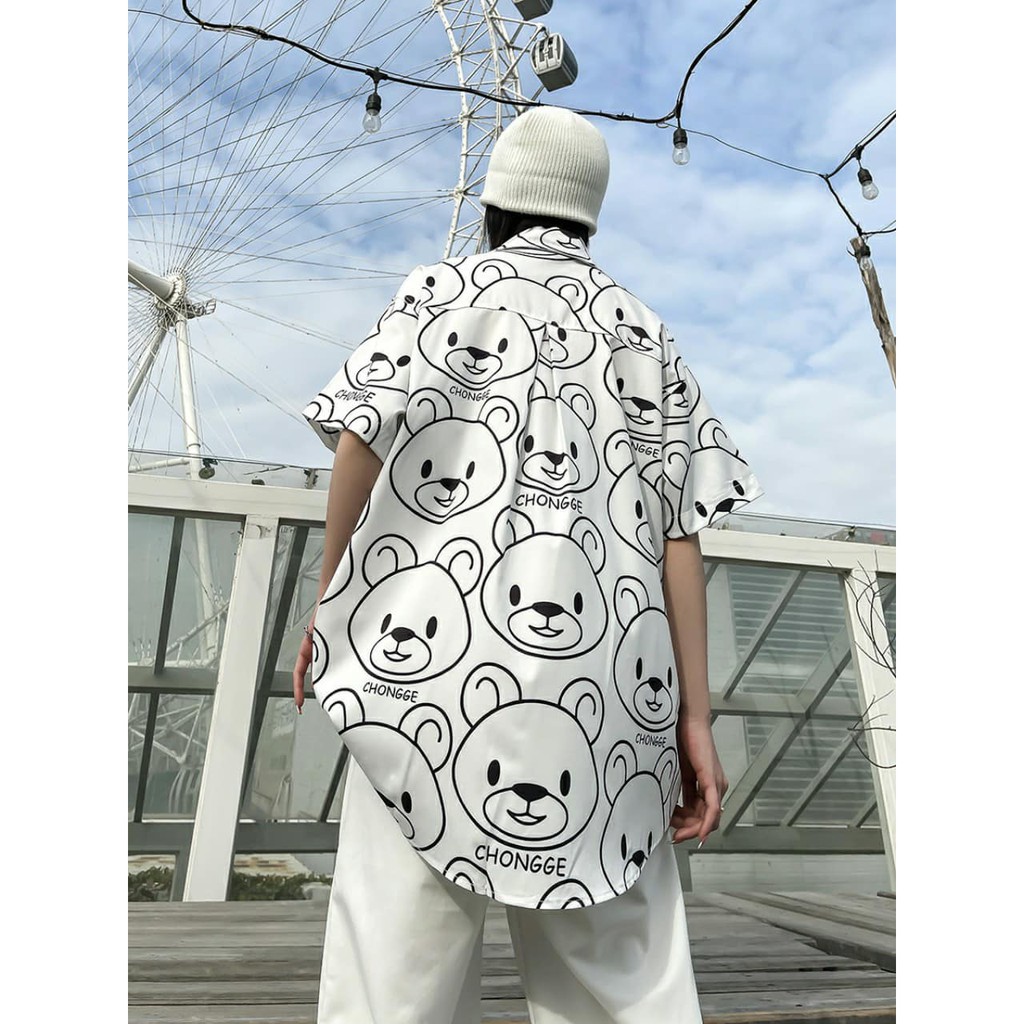 Áo sơ mi nam nữ oversize hình ĐẦU GẦU TRẮNG