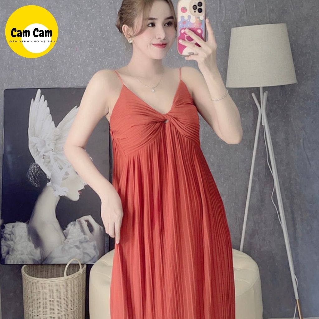 Đầm voan xếp li 2 dây xoắn ngực dáng suông  mã MAXI1001