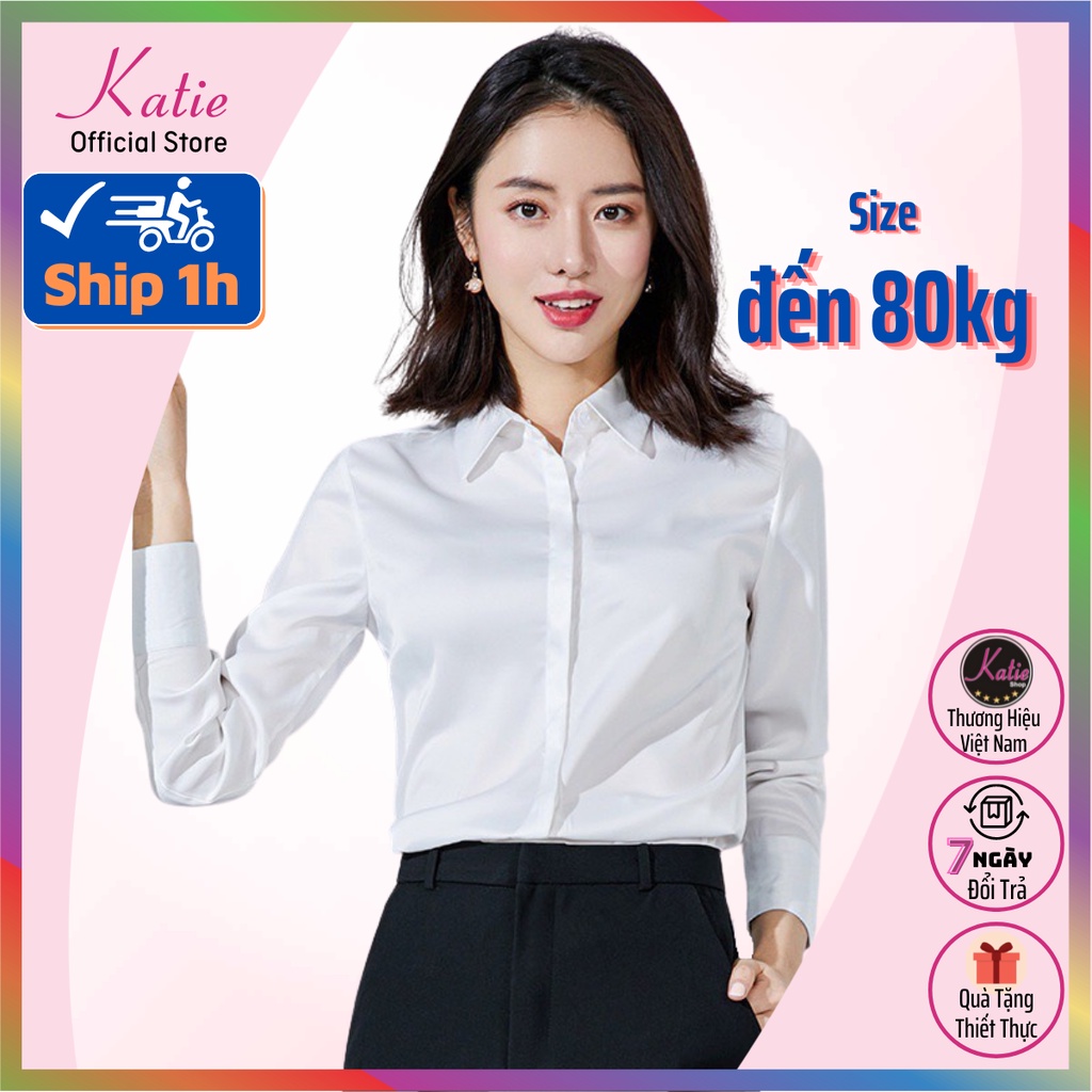 Áo Sơ Mi Trắng Nữ Công Sở Katie, Sơ Mi Trắng Sáng Tay Dài Chất Áo Trắng Cotton Thoáng Mát Không Nhăn Có Bigsize Từ 40-75