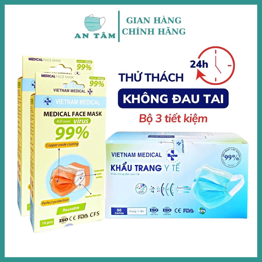 3 Hộp Khẩu Trang Y Tế Vietnam Medical 4 Lớp, Kháng Khuẩn, Không Đau Tai