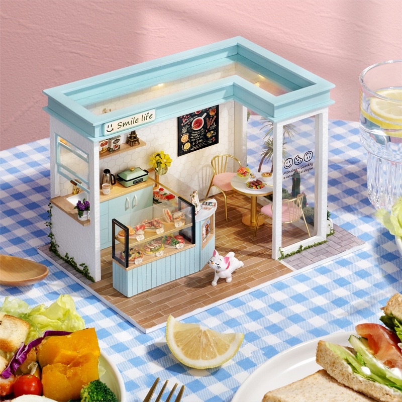 (Tặng mica,keo,đèn)Mô hình gỗ Nhà búp bê tự lắp ráp tiệm bánh Smile Life đồ chơi diy doll house C016