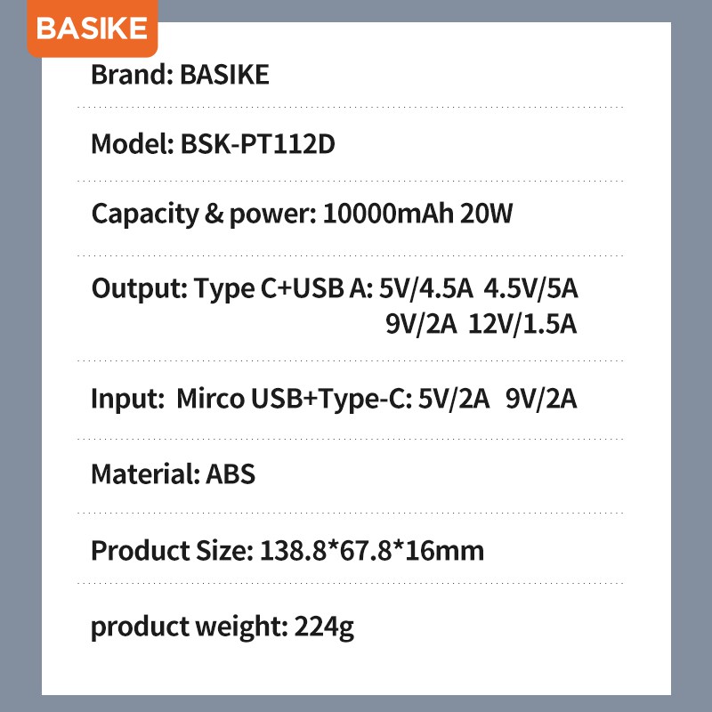 Sạc Dự Phòng BASIKE PT112D 10000mAh PD20W 2 Cổng USB Cho iPhone Huawei Samsung Xiaomi Oppo Vivo Realme