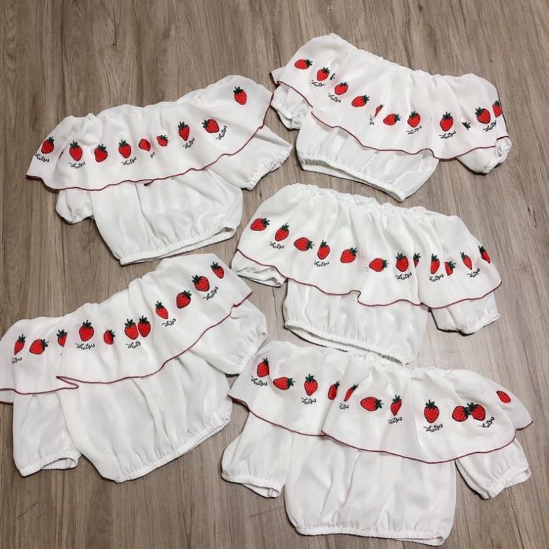 Áo Croptop Bèo 1 Tầng Tay Phồng Trễ Vai Trắng Quả Dâu DRACR120
