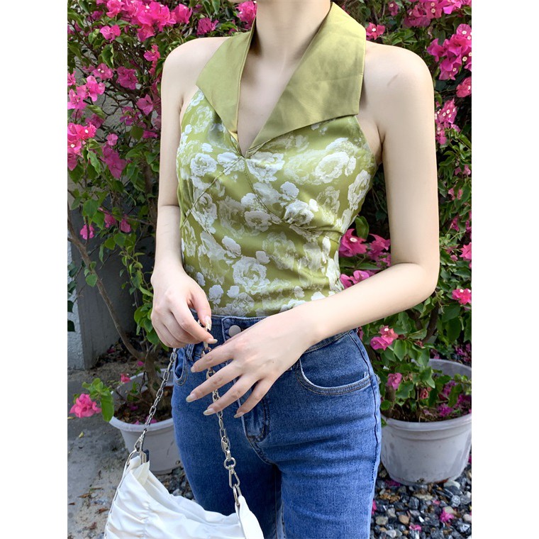 Áo kiểu nữ sát nách áo cổ yếm lụa chun lưng 1993S Boutique mã 4193