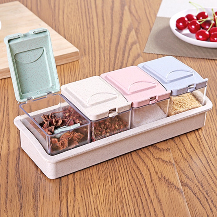 Bộ Hộp Đựng Gia Vị Riêng Biệt Rơm Lúa  Kèm Muỗng Cho Nhà Bếp MSG