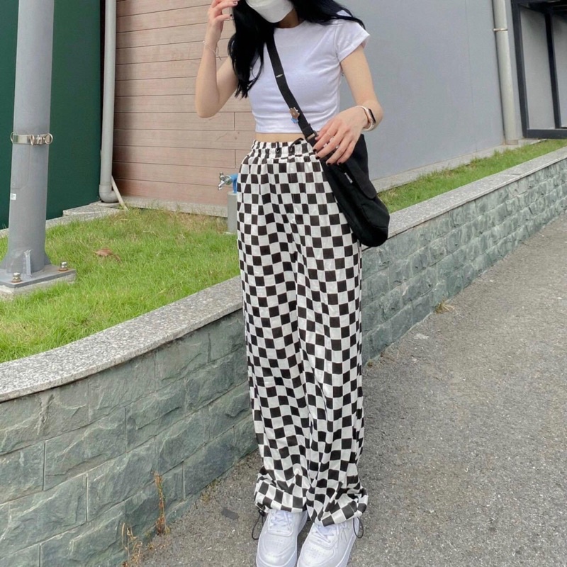 Quần Ống Suông Dây Rút Caro Unisex Ảnh Thật