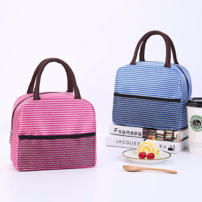 Túi đựng cơm giữ nhiệt khoá kéo, 2 ngăn, 3 lớp  Sọc Ngang (size 23x16x20 cm)