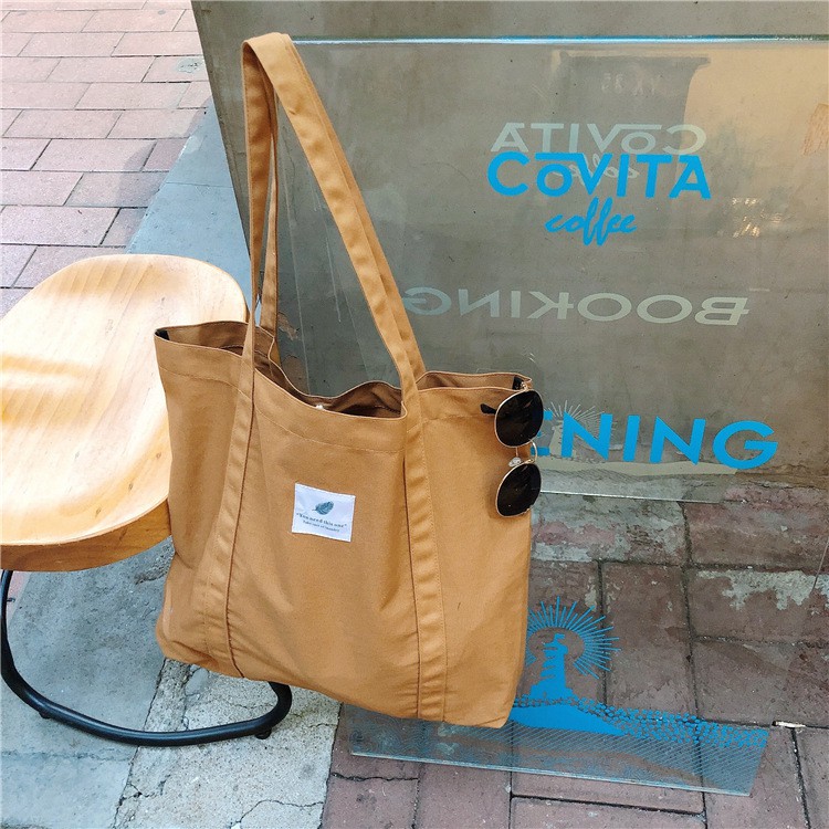 Túi tote vải nâu vintage brown đeo vai dải dây liền