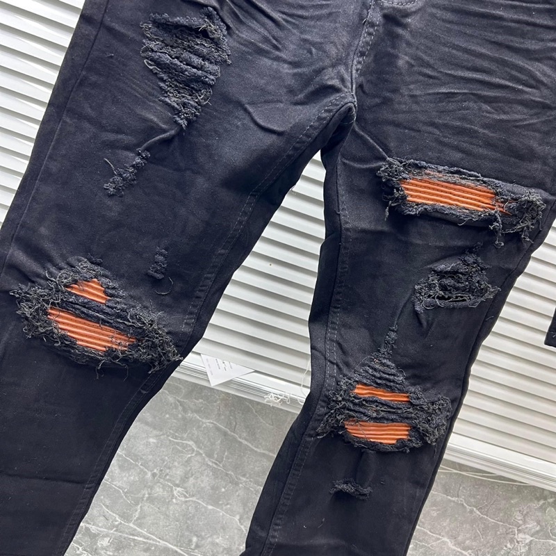 Quần Jean Bò Đen Nam Phối Da Nhăn Vá Rách Xù Vải Co Giãn Dáng Skinny Cực Sang