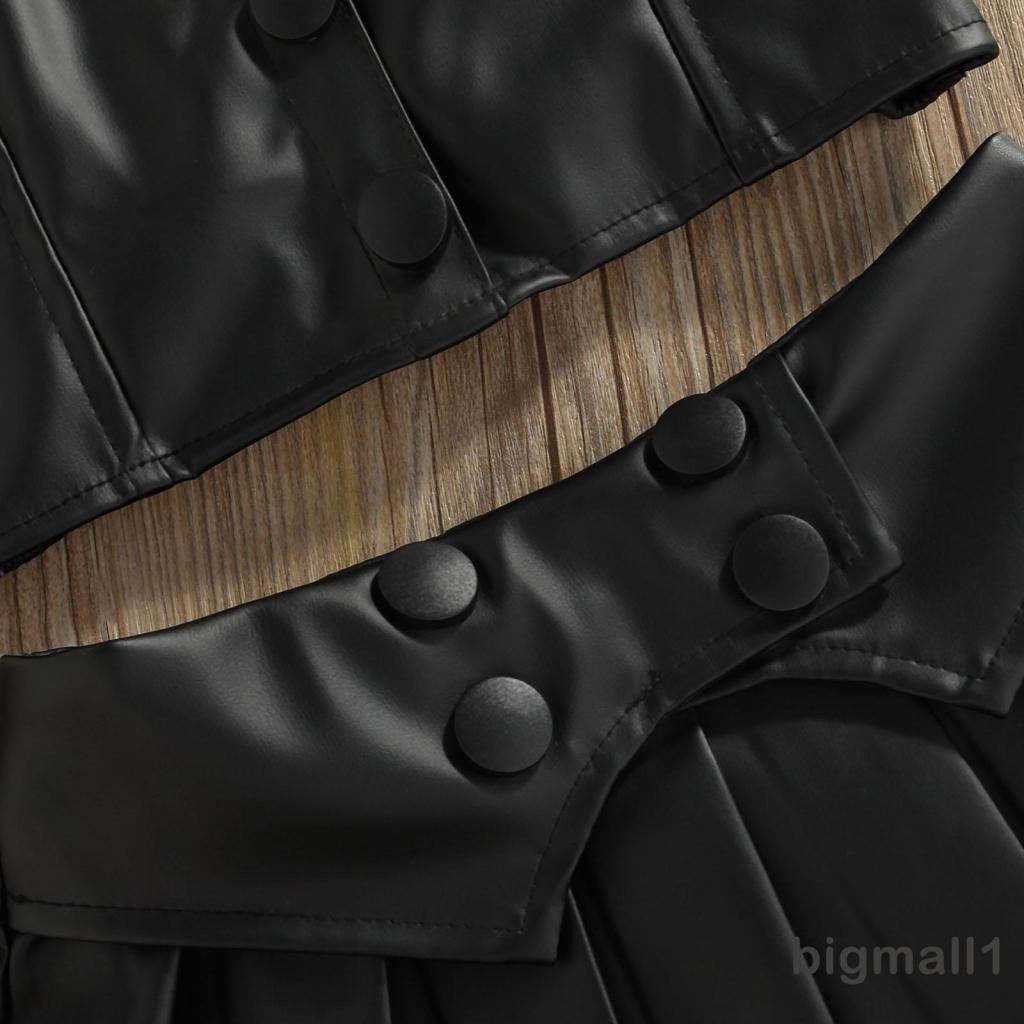 BIGMALL-1-6years Baby Girls Casual Suit, Solid Color Sleeveless Sling Tops+Button Pleated Short Skirt, Black