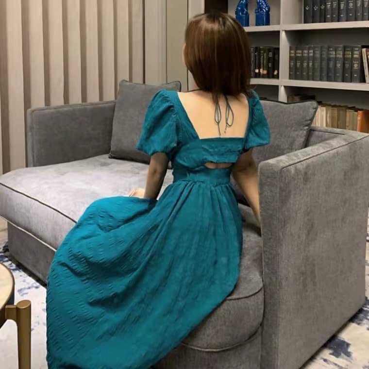 Váy xanh tiểu thư chất xốp đũi mềm mát phiên bản mùa hè