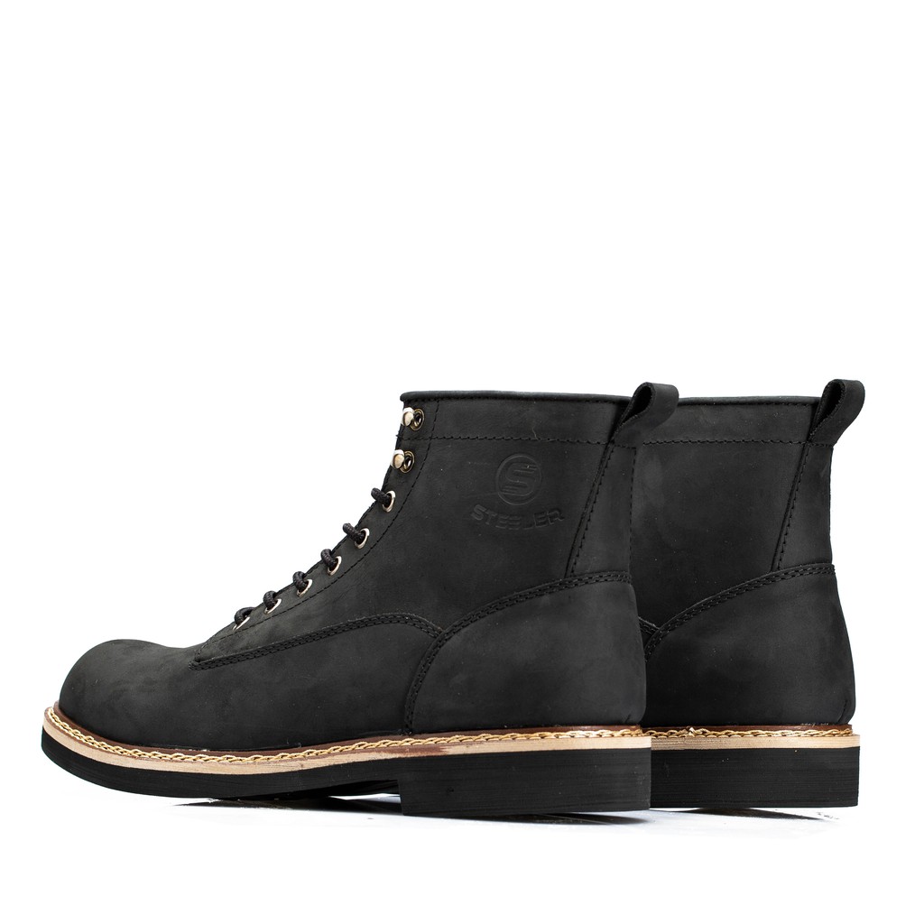 Giày boot nam da bò sáp cao cấp cổ cao . LINEMAN ĐEN SÁP - STEELER , đế khâu , phong cách workwear