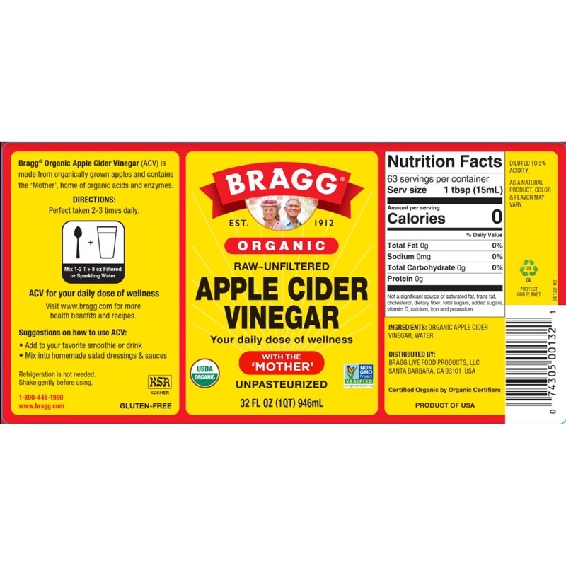 CHÍNH HÃNG MỸ- Giấm Táo Hữu Cơ Bragg Raw Apple Cider Vinegar organic
