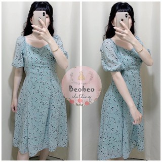 Đầm hoa xanh cổ u tay phồng nút bọc vintage