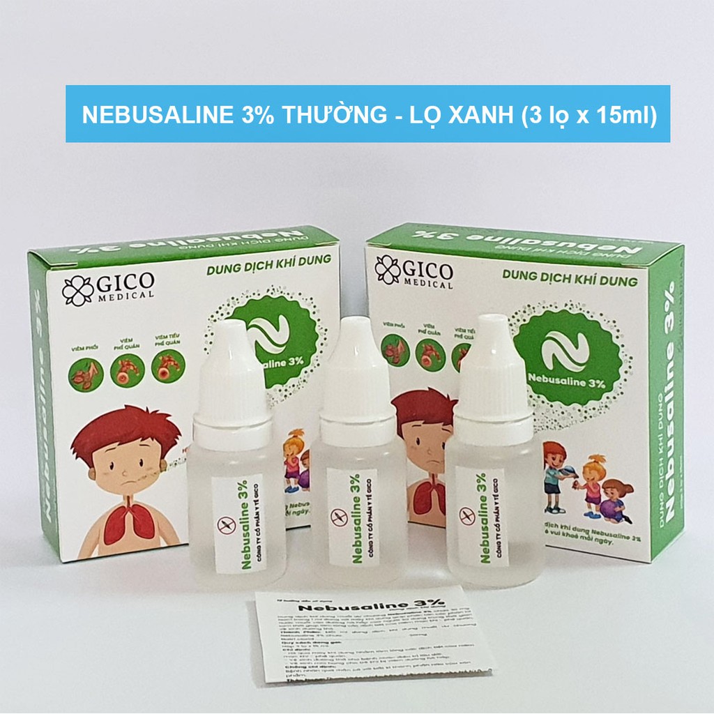 Nước muối ưu trương NEBUSALINE 3% ION BẠC, nước muối KHÍ DUNG nhỏ mũi hỗ trợ trị viêm xoang, phế quản(3 lọ x 15ml)