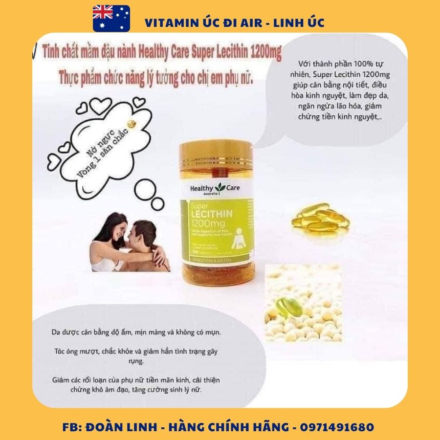 Mầm đậu nành Healthy Care Super Lecithin 1200mg, Hàng Chuẩn Úc, mầm đậu chăm sóc sắc đẹp