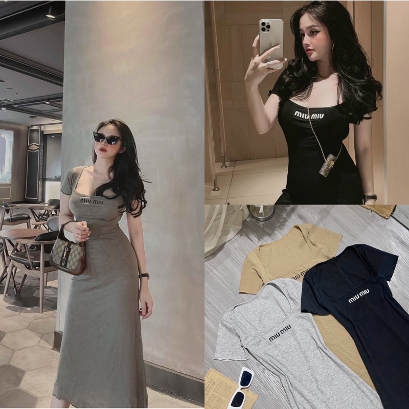 Đầm body nữ cổ U viền chữ thêu - freesize dưới 55kg- Carotshop