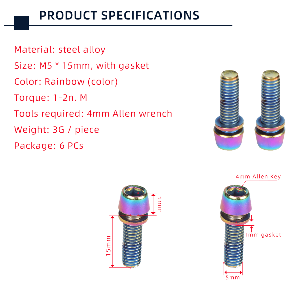 Set 6 ốc vít TANKE M5 * 18/15 có miếng đệm màu cầu vồng cho giá đỡ bình nước trên thân xe đạp leo núi