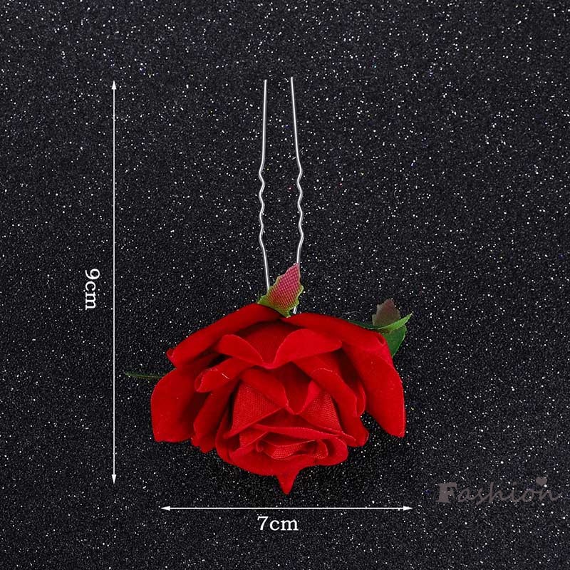 Trâm Cài Tóc Chữ U Hình Hoa Hồng Đỏ Bằng Lụa Cho Cô Dâu
