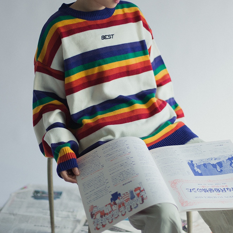 ✦AFFLIGA✦ Áo Sweater Cổ Tròn Dáng Rộng Kẻ Sọc Cầu Vồng Kiểu Retro Hàn Quốc Cá Tính Cho Nam