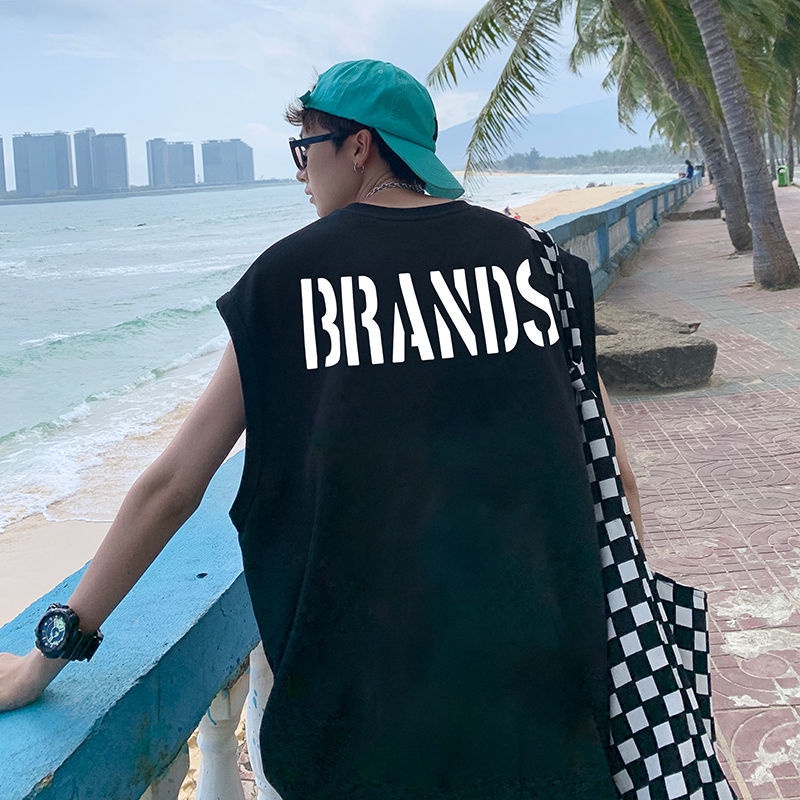 Áo Sơ Mi plussize Cho Nam✉▥Áo Thun Thể Thao Sát Nách Form Rộng In Chữ Phong Cách Hip Hop Đường Phố Mỹ