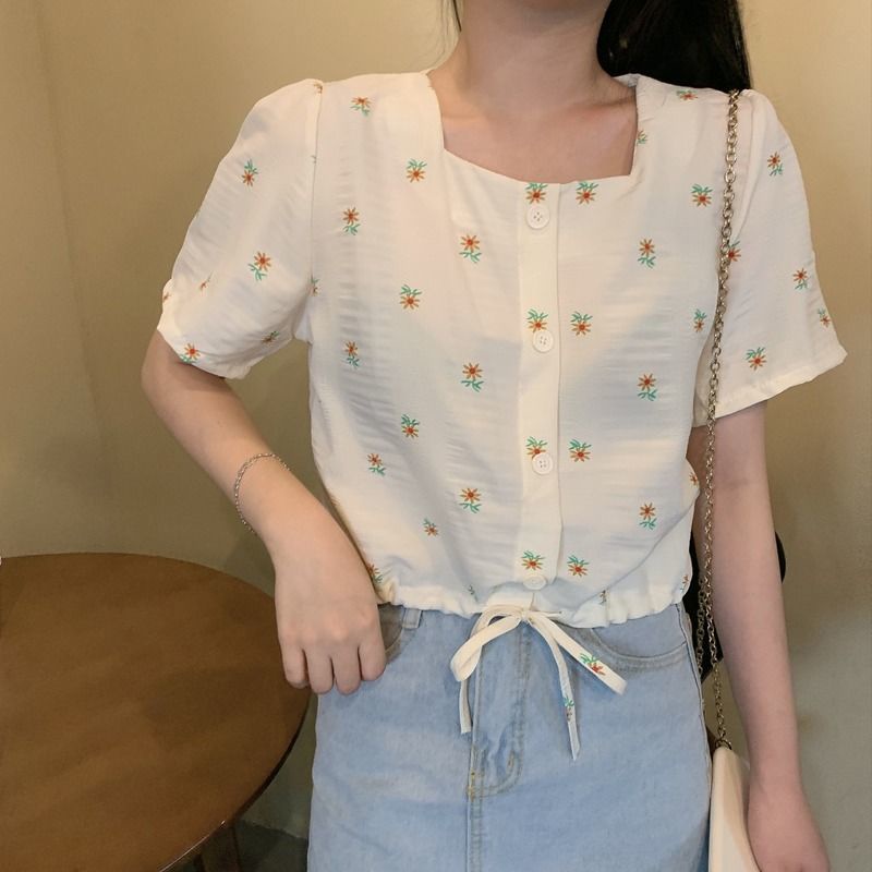 Áo Kiểu Cổ Vuông Tay Ngắn Phối Dây Rút Họa Tiết Hoa Xinh Xắn Thời Trang Cho Nữ