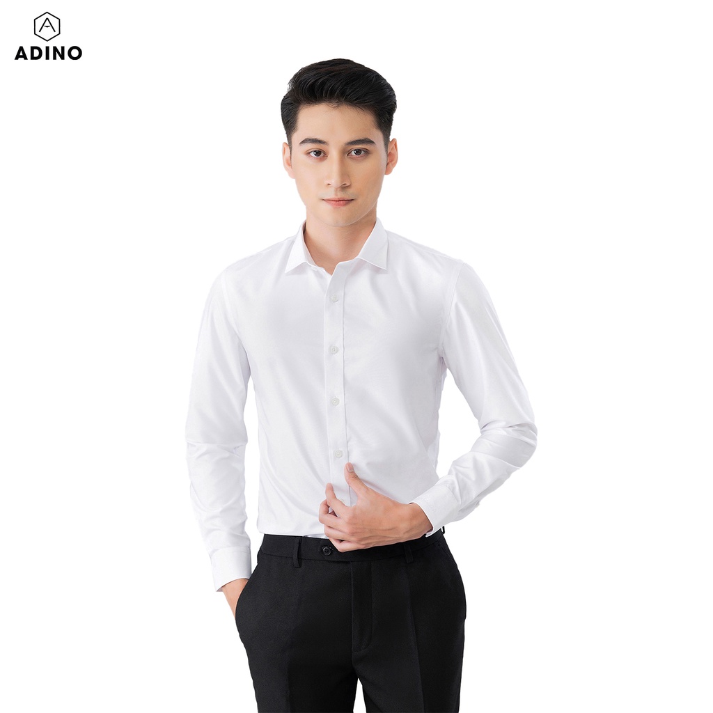 Áo sơ mi nam hàn quốc màu trắng tinh ADINO vải nến lụa sợi sồi mềm mịn dáng slimfit công sở hơi ôm trẻ trung SM02
