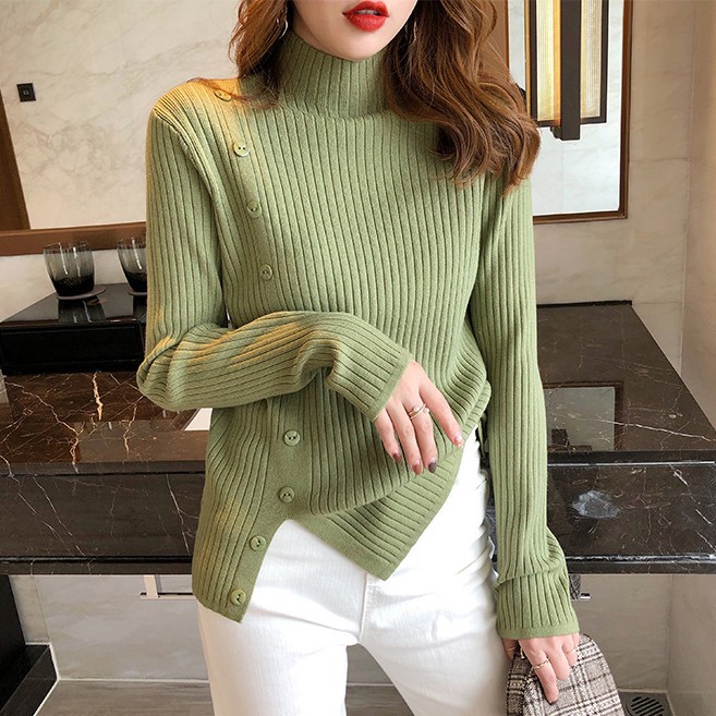 Áo nữ len tăm cổ cao 5cm đính khuy 5002 1Z17