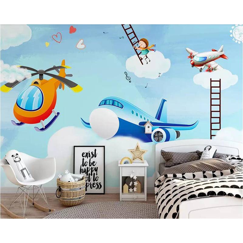 Giấy Dán Tường Họa Tiết Máy Bay Hoạt Hình 3D Hiện Đại Trang Trí Phòng Ngủ Cho Bé Trai