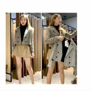 Áo khoác blazer dáng ngắn 2 lớp chất liệu dạ hàn họa tiết cánh én