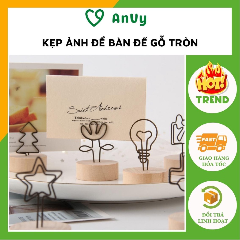 Kẹp ảnh để bàn đế bằng gỗ tròn nhiều hình đáng yêu, kẹp cardvisit, note, quà tặng ý nghĩa, trang trí Kho album ảnh AnVy