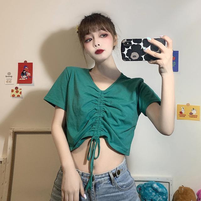 Áo croptop trơn nữ cổ chữ V tay ngắn phiên bản Hàn Quốc áo thun JL-TX-105