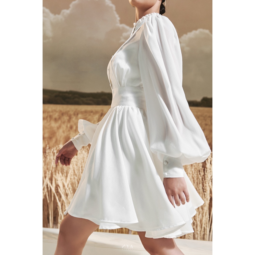 Đầm xòe ngắn tay dài phồng, cổ nhún bèo kín đáo MADELYNN MIDI DRESS | NYA STUDIO