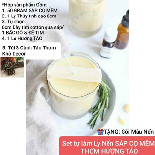 Set tự làm Ly Nến Sáp CỌ MỀM THƠM HƯƠNG TÁO tự chọn Tim COTTON/BẤC GỖ