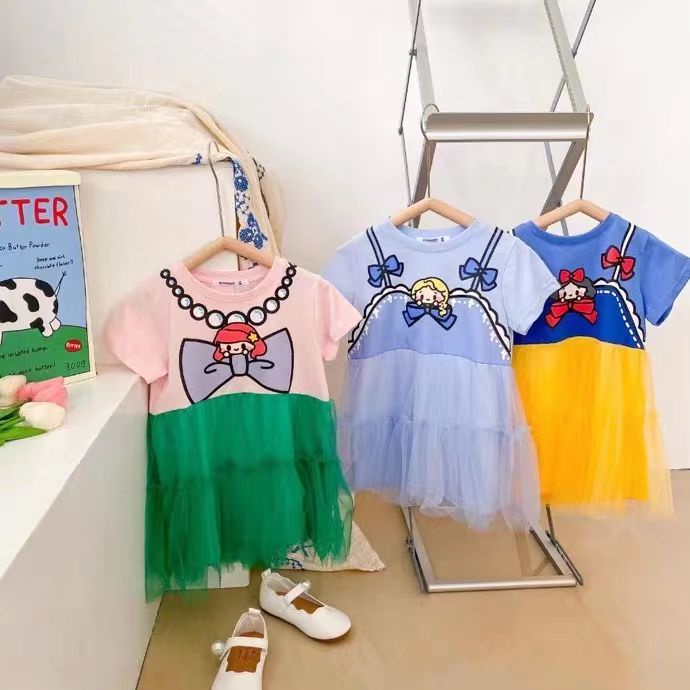 Đầm Công Chúa Phối Lưới Họa Tiết Hoạt Hình Phong Cách Hàn Quốc Xinh Xắn