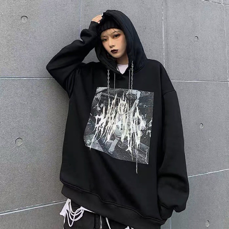 Áo hoodie nỉ bông double chain hoạ tiết xương lưng