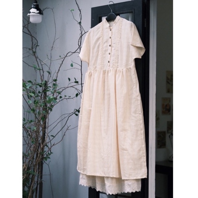 Váy baby doll vải xô 100% cotton phối ren phong cách vintage
